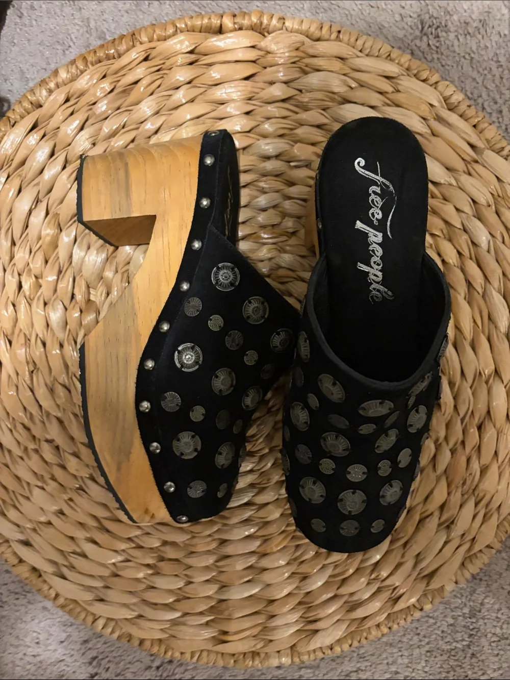 Free People Black Studded Suede Wooden Clog Mules